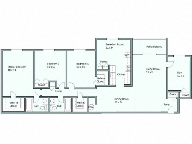 Floor plan for 3 beds, 2 baths, 1637 sqft